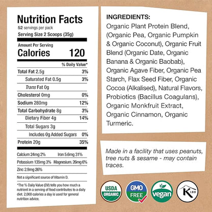EarthChimp Organic Vegan Protein Powder - with Probiotics - Non GMO, Dairy Free, Non Whey, Plant Based Protein Powder for Women and Men, Gluten Free - 52 Servings 64 Oz (Vanilla) No Scoop