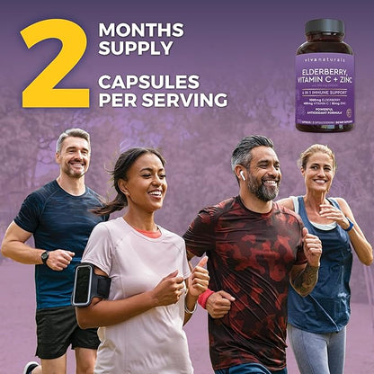 Viva Naturals Elderberry with Vitamin C and Zinc (120 Capsules) - 1000mg Sambucus Elderberry Immune Support Supplement, Black Elderberry Capsules for Adults, Elderberry Vitamins - 2 Months Supply