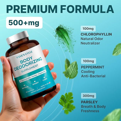 Body Deodorizing Supplement – Natural Internal Deodorant Chlorophyll Capsules with Parsley & Peppermint – 60 Vegan 500mg+ Pills – Bad Breath Treatment for Adults & Cleanse Support, Made in USA
