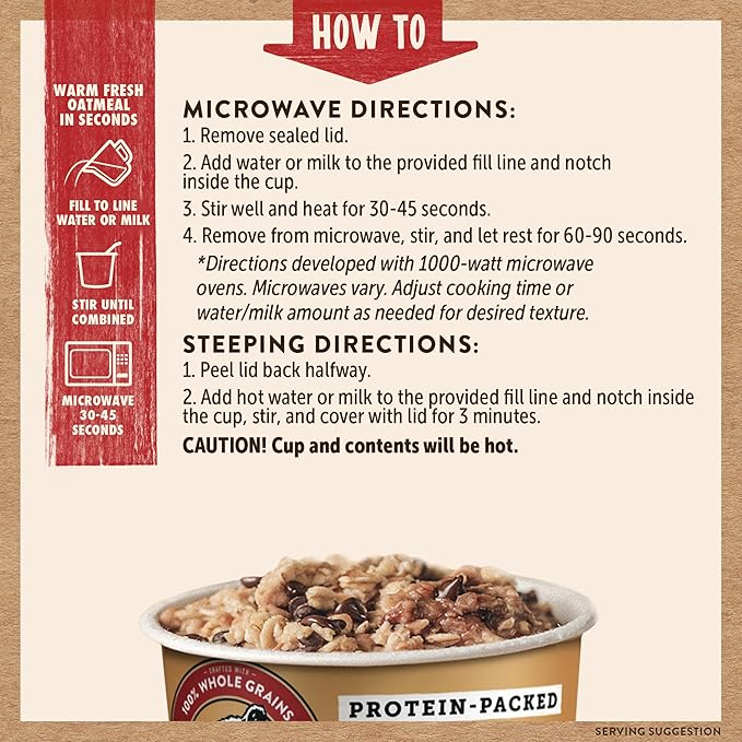 Kodiak Cakes Instant Oatmeal Cups, Peanut Butter Chocolate Chip, High Protein, 100% Whole Grains, (12 cups)