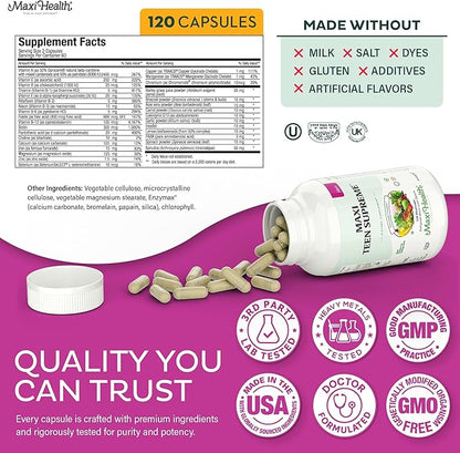 Maxi Health Teen Vitamins for Girls 12-17 - Teen Multivitamin D3, Iron, Calcium, Biotin, Zinc, Digestive Enzymes – Teenager Girl Multi Vitamins for Healthy Skin, Immune & Mood Support – 120 Count