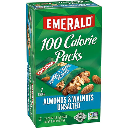 Emerald Nuts Unsalted Almonds and Walnuts 7 Ct (1-Pack), 100-Calorie Individual Packs of Nut Blend, Kosher Certified, Non-GMO, Contains No Artificial Preservatives, Flavors or Synthetic Colors