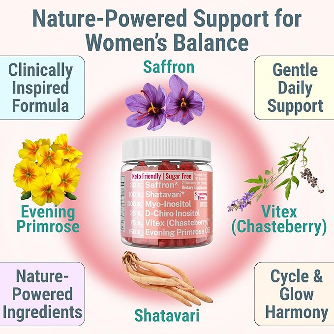 Evening Primrose Oil Vitex Chaste Tree Berry Saffron Threads Extract Shatavari Root Myo-Inositol & D-Chiro Inositol Gummies for Women Capsules Power Supplement Alt Organic Chasteberry Herb Myoinositol