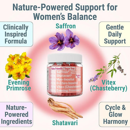 Evening Primrose Oil Vitex Chaste Tree Berry Saffron Threads Extract Shatavari Root Myo-Inositol & D-Chiro Inositol Gummies for Women Capsules Power Supplement Alt Organic Chasteberry Herb Myoinositol