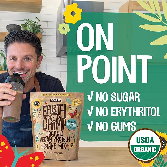 EarthChimp Organic Vegan Protein Powder - with Probiotics - Non GMO, Dairy Free, Non Whey, Plant Based Protein Powder for Women and Men, Gluten Free - 26 Servings 32 Oz (Chocolate)