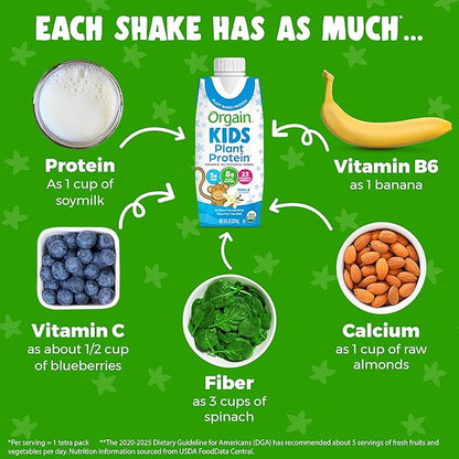 Orgain Organic Kids Nutritional Vegan Protein Shake, Vanilla - Healthy Kids Snacks, 8g Plant Protein, 3g Fiber, 23 Vitamins & Minerals, No Dairy & Soy, Non-GMO, 8 Fl Oz (12 Pack) Package May Vary