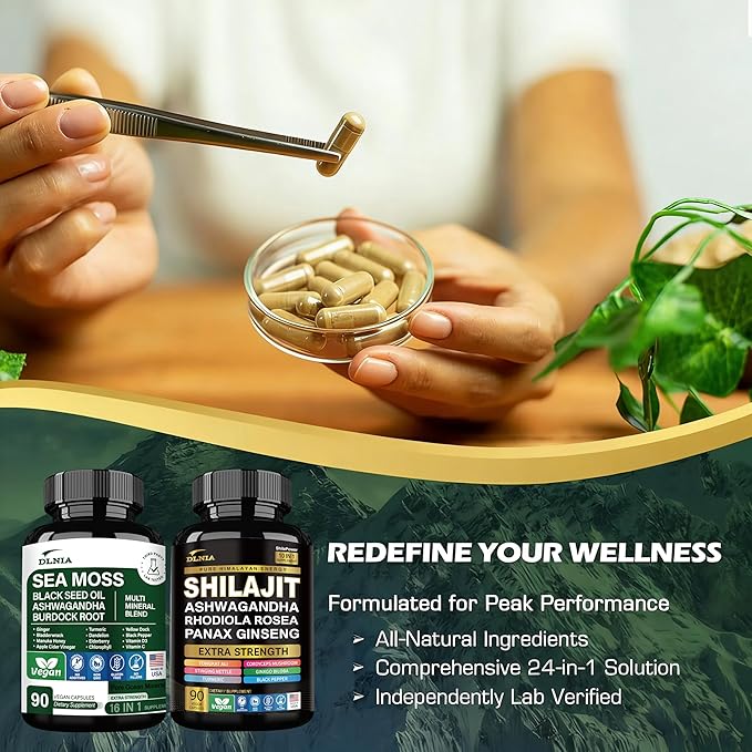 Shilajit 9000mg, Sea Moss 17500mg, Ginger & Black Seed Oil 4000mg, Ashwagandha 5000mg, Rhodiola Rosea, 1000mg Panax Ginseng 1500mg, All in 1 Supplement - Sea Moss & Shilajit Vitality Bundle