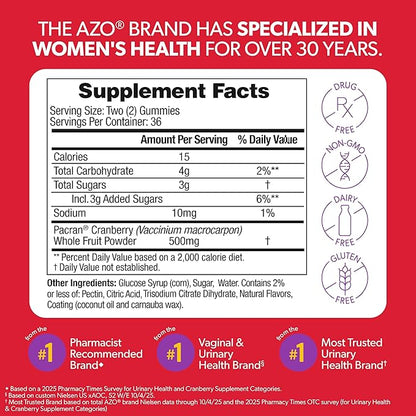 AZO Cranberry Urinary Tract Health Gummies Dietary Supplement, 2 Gummies = 1 Glass of Cranberry Juice, Helps Cleanse & Protect, Natural Berrylicious Flavor, Non-GMO, 72 Gummies