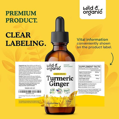 Wild & Organic Turmeric and Ginger Supplement Drops - Joint & Immune Support - Liquid Turmeric with Ginger and Black Pepper Extract - Curcumin Supplement - Vegan, Sugar & Alcohol-Free Tincture - 2 oz
