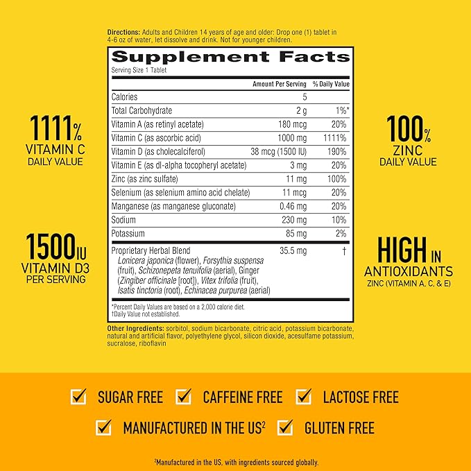 Airborne Immune Support Effervescent Tablets, Zesty Orange Flavor - 10ct with 1000mg Vitamin C + Vitamins A, D, E, Zinc, Selenium, Manganese & Herbal Blend - Sugar‑Free, Gluten‑Free