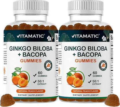 Vitamatic Ginkgo Biloba & Bacopa Gummies – Plant-Based Botanical Extract – Natural Peach Flavor – Vegan, Non-GMO, Gluten-Free – Herbal Supplement – 60 Count - 2 Pack (120 Count)