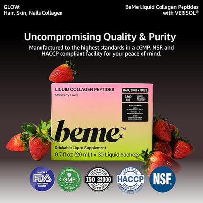 BeMe Liquid Collagen for Women — 2,500mg Hydrolyzed Bovine Collagen Peptides Drink with Biotin & Vitamin C — Clinically Studied Collagen Supplement for Hair, Skin & Nails — Strawberry, 15 Sachets