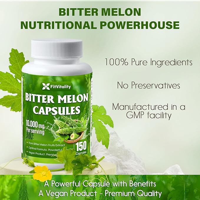 Bitter Melon Capsules| 150 Vegan Capsules| 150 Days Supply| 9,000mg per Serving| Bitter Melon Fruit 25:1 Extract| 100% Pure & Natural| Gluten-Free Supplement| Ultimate Concentrated