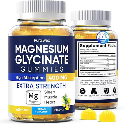 Magnesium Glycinate Gummies 400mg, High Absorption Magnesium Supplement for Women, Men and Kids, Muscle Support and Relaxation, Sugar Free, Vegan, 60 Days Supply