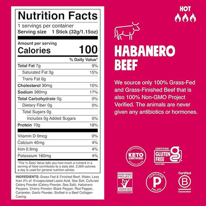 Chomps Grass-Fed and Finished Spicy Habanero Beef Jerky Snack Sticks 24-Pack - Keto, Paleo, Whole30, 10g Lean Meat Protein, Gluten-Free, Zero Sugar Food, Non-GMO