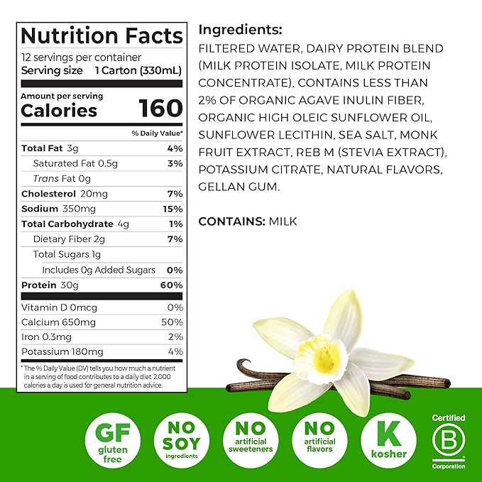 Orgain 30g High Protein Shake, Dairy Isolate Milk Protein, Vanilla Bean, 5g BCAAs, 1g Sugar per Serving, Meal Replacement, Ready to Drink, Keto Friendly, Gluten-Free, 11 Fl Oz, (Pack of 24)
