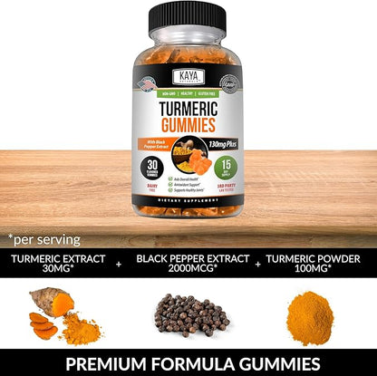 Kaya Naturals Turmeric Supplements Gummies - Pure Nature Turmeric Curcumin -Turmeric Ginger Gummies - 30 Count Gummy - Turmeric with Black Pepper Extract