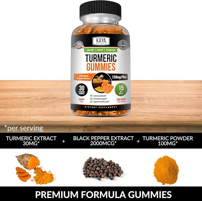 Kaya Naturals Turmeric Supplements Gummies - Pure Nature Turmeric Curcumin -Turmeric Ginger Gummies - 30 Count Gummy - Turmeric with Black Pepper Extract (Pack of 2)