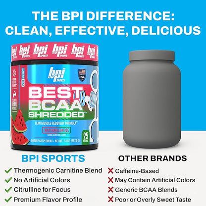 BPI Sports Best BCAA Shredded - Caffeine Free Thermogenic Recovery Drink, Lean Muscle Building BCAA Powder For Women and Men, Preworkout BCAAs Amino Acids Drink- Watermelon ICE - 25 Servings