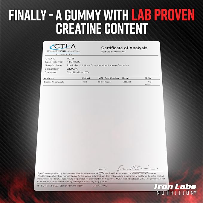 Iron Labs Nutrition Creatine Monohydrate Gummies (180 Gummy Bears) - 3600mg Per Serving - LAB Tested - Strawberry Flavor - High Strength Creatina for Men & Women (180 Vegan Gummys)