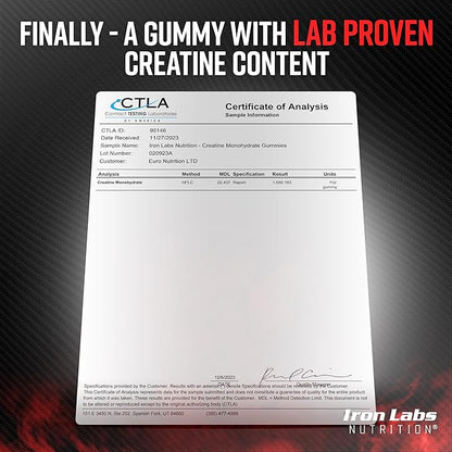 Iron Labs Nutrition Creatine Monohydrate Gummies (180 Gummy Bears) - 3600mg Per Serving - LAB Tested - Strawberry Flavor - High Strength Creatina for Men & Women (180 Vegan Gummys)
