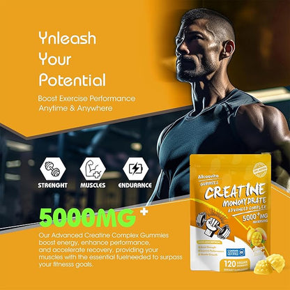 Allcoovita Creatine Monohydrate Gummies 5g for Men & Women. Boost Focus,Strength, and Endurance, Anti-Melting Formula, Vegan, Gluten-Free, Non-GMO,(Mango 120 ct)