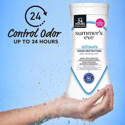 Summer's Eve Ultimate Odor Protection Daily Feminine Wash, pH-Balanced Formula Body Wash for Women with Boric Acid Helps Control Vaginal Odor, 15 Fl Oz
