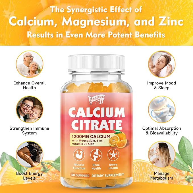 Calcium Citrate Gummies 1200 mg with Vitamin D3, K2, Magnesium, Zinc, Bone Support for Bones, Muscles & Joints,Immunity & Memory Support, 60 Count