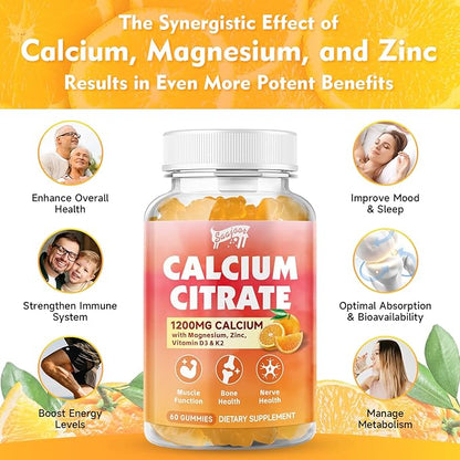 Calcium Citrate Gummies 1200 mg with Vitamin D3, K2, Magnesium, Zinc, Bone Support for Bones, Muscles & Joints,Immunity & Memory Support, 60 Count
