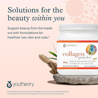 Youtheory Collagen Powder - 20 g Hydrolyzed Collagen Peptides - with Vitamin C, Biotin & Amino Acids - Supports Joint & Bone Health* - Bioavailable Nutrition - Vanilla - 20 oz (21-Day Supply)