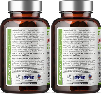 biophix D-Mannose 1000mg Capsules with Cranberry & Probiotics - D Mannose Supplements for Women - D-Mannose Pills for Urinary Tract & Bladder Health Support - Digestive Well-Being - 120 Vcaps 2 Pack