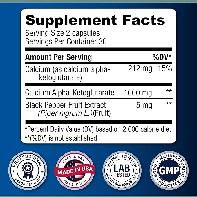 LongJuvity Calcium Alpha-Ketoglutarate Time Release AKG Supplement (1,000mg Per Serving) - Gut Heath, Bone Health, Anti Aging & Longevity - Independently Lab Tested (60 Enteric Coated Capsules)