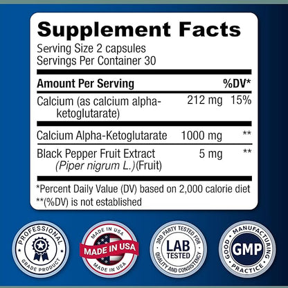 LongJuvity Calcium Alpha-Ketoglutarate Time Release AKG Supplement (1,000mg Per Serving) - Gut Heath, Bone Health, Anti Aging & Longevity - Independently Lab Tested (60 Enteric Coated Capsules)