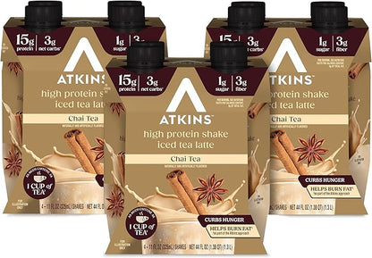 Atkins Chai Tea Latte Flavored Protein Shake, High Protein Shake, Low Glycemic, Low Carb, Low Sugar, Keto Friendly, Gluten Free, Ready to Drink Protein Shake, 12 count (3 sets of 4)