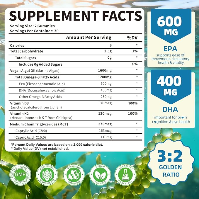 Vegan Omega-3 Gummies 1600mg EPA & DHA from Algal Oil, Fish Oil Alternative for Adults & Kids, Omega 3 Supplement with Vitamin D3 K2 for Brain, Eye & Immune Health Sugar Free Pineapple, 60 Count