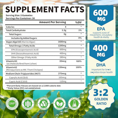 Vegan Omega-3 Gummies 1600mg EPA & DHA from Algal Oil, Fish Oil Alternative for Adults & Kids, Omega 3 Supplement with Vitamin D3 K2 for Brain, Eye & Immune Health Sugar Free Pineapple, 60 Count