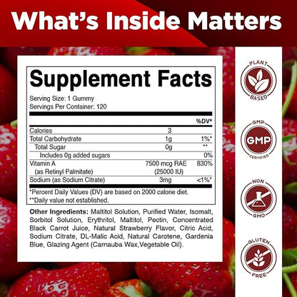 Vitamatic Sugar Free Vitamin A 25000 IU Gummies (Retinyl Palmitate) - Natural Strawberry Flavor - 120 Pectin Based Gummies (2 Bottles)