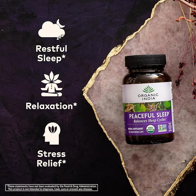 ORGANIC INDIA Peaceful Sleep Herbal Supplement - Deep Sleep Aid for Adults, Natural Herbal Aid Without Melatonin, Supports Circadian Rhythm, USDA Certified Organic, Non-GMO - 90 Capsules