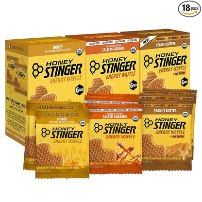 Honey Stinger Organic Energy Waffle Classic Original Flavors Variety Pack of 18, 6 Pack Each of Honey, Salted Caramel, Peanut Butter, Nutritious Stroopwafel Snack for Performance, Cycling, Running