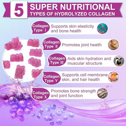Nature's live Multi Collagen Peptides Gummies, Type I, II, III, V, X - Hydrolyzed Collagen Peptides Gummies, Supports Healthy Skin, Strong Nails & Thick Hair, Grape Blueberry Flavor, 60 Count, 2 Pack