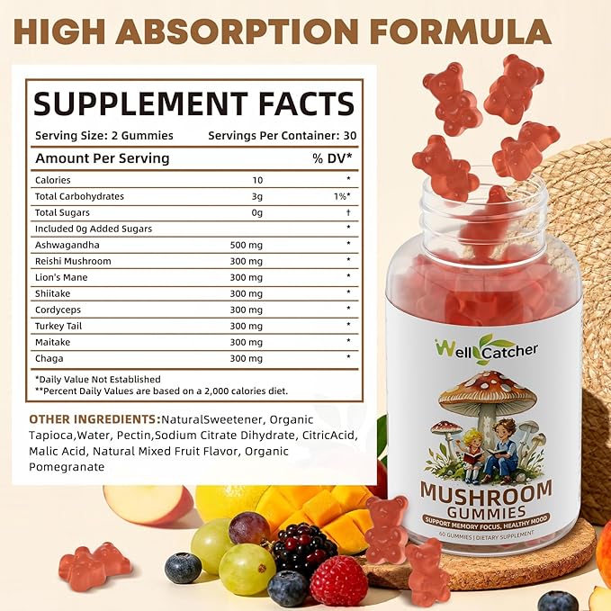 Mushroom Gummies Supplement with Ashwagandha - Lion Mane Mushroom Supplement for Adults Kids with Reishi Cordyceps Brain Supplements for Memory and Focus Organic Vegan Non GMO Mixed Fruit Flavor 60CT
