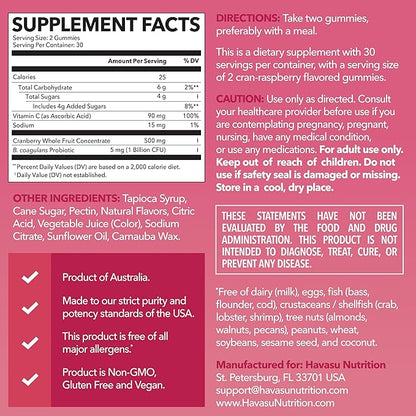 Probiotic Cranberry Gummies for Women - Urinary Tract Health and pH Balance - 1 Billion CFU of Lactobacillus for Bladder Support and Vaginal Wellness - Cran-Raspberry Flavor, 60 count, 1-Month Supply