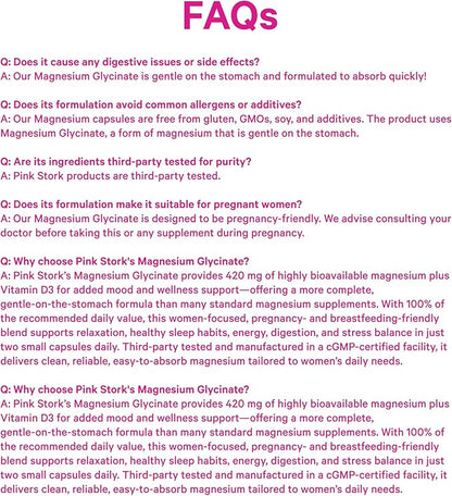 Pink Stork Magnesium Glycinate with Vitamin D - Magnesium Supplement for Women to Support Natural Calm, Mood, and Sleep - Hormone Balance for Women - 60 Capsules, 1 Month Supply