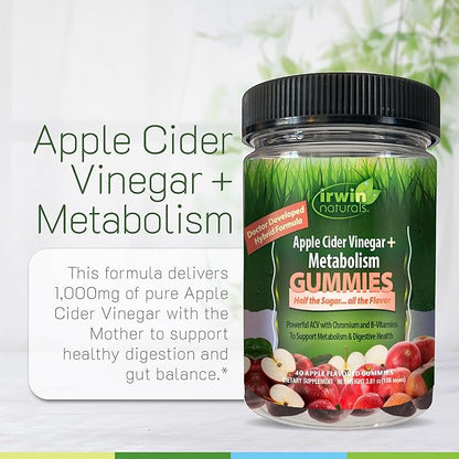 Irwin Naturals Gummies Apple Cider Vinegar + Metabolism, 1000mg, Chromium for Energy & Digestive Support, Vegan, 40 Gummies