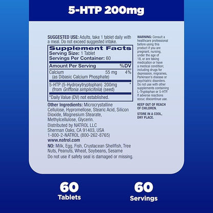 Natrol 5-HTP 200mg Dietary Supplement to Support a Balanced Mood, 60 Time Release Tablets, 60 Day Supply