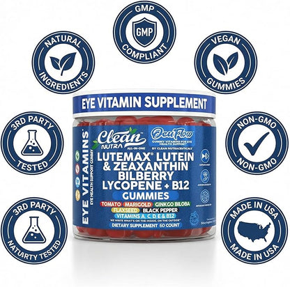 Clean Nutra Lutein and Zeaxanthin Eye Vitamins Gummies + Bilberry for Eyes Vision Support Ginkgo Biloba Marigold, Vitamin B12 Flaxseed Black Pepper CoQ10 Vitamin A l 60 Count B OcuFlow