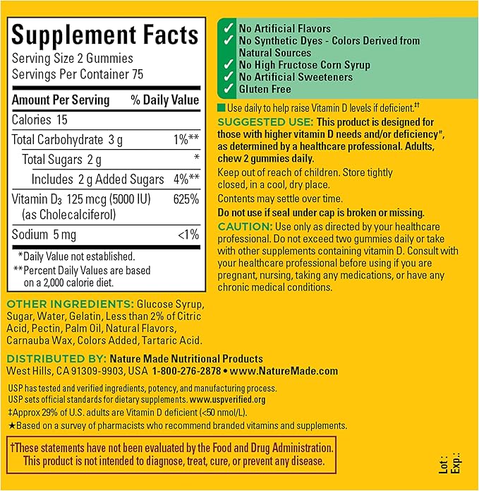 Nature Made Vitamin D3 5000 IU Per Serving Gummies Extra Strength, Bone and Immune Health Support, 150 Vitamin D Gummies for Adults, 75 Day Supply