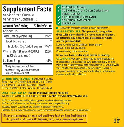 Nature Made Vitamin D3 5000 IU Per Serving Gummies Extra Strength, Bone and Immune Health Support, 150 Vitamin D Gummies for Adults, 75 Day Supply