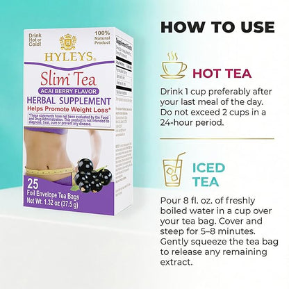 HYLEYS Slim Tea Acai Berry Flavor - Weight Loss Herbal Supplement Cleanse and Detox - 25 Tea Bags (1 Pack)