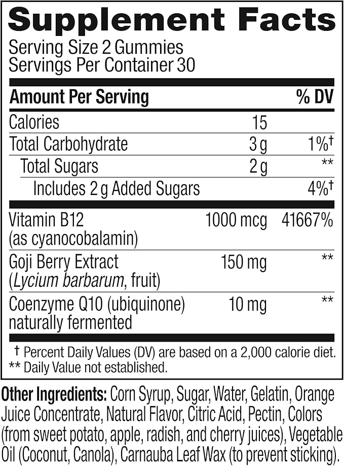OLLY Extra Strength Daily Energy Gummy,Caffeine Free,1000mcg Vitamin B12,CoQ10,Goji Berry,Adult Chewable Supplement,Berry Yuzu Flavor -,60 Count (Pack of 2)